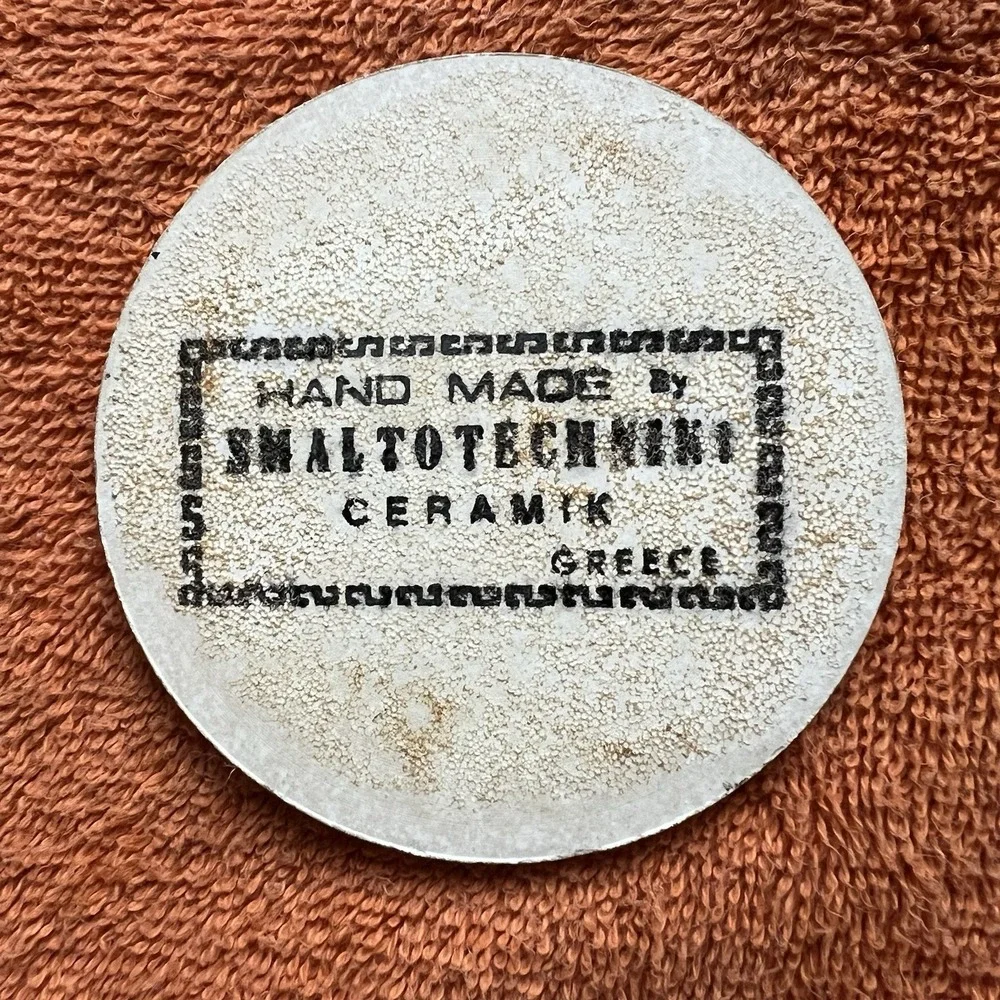 Handmade Greek Ceramic Coaster Plaque Ruins Columns Scene Smaltotechniki Blue